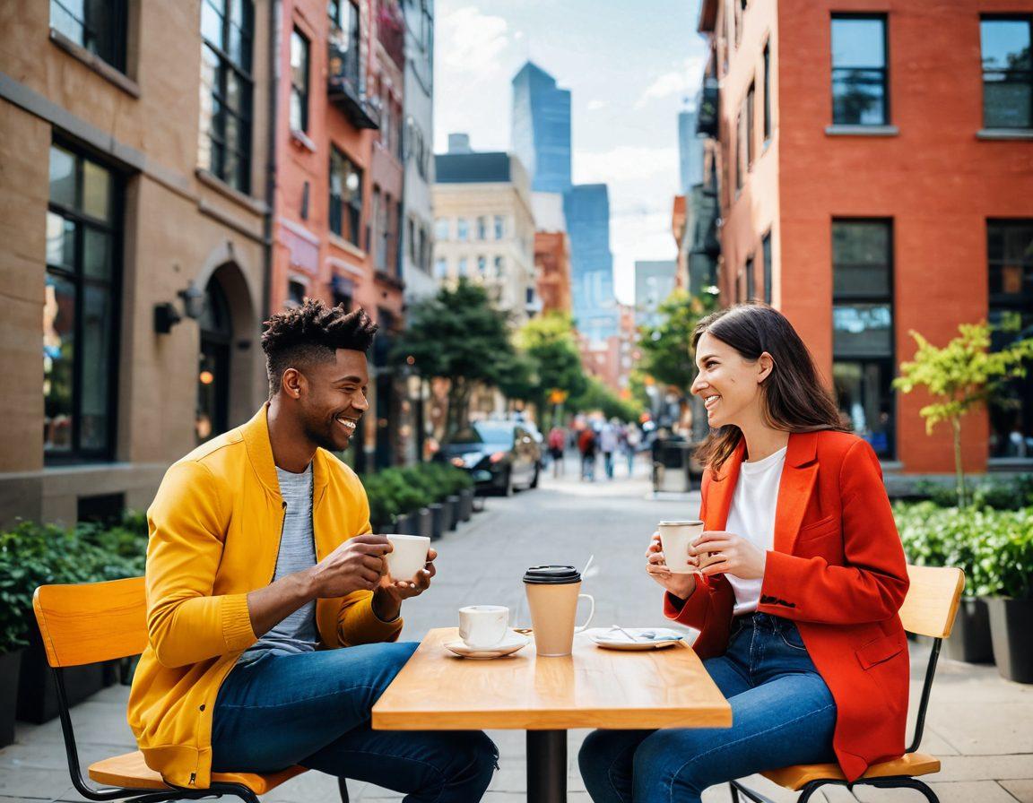 A dynamic, modern dating scene capturing diverse couples engaging in various activities like coffee dates, parks, and video calls. Emphasize vibrant emotions, laughter, and connection, with a backdrop of cityscapes and cozy indoor settings. Include subtle elements representing technology and communication, like smartphones and social media icons. Aim for an inviting and optimistic atmosphere, celebrating contemporary relationships. bright colors. 3D. vibrant art style.