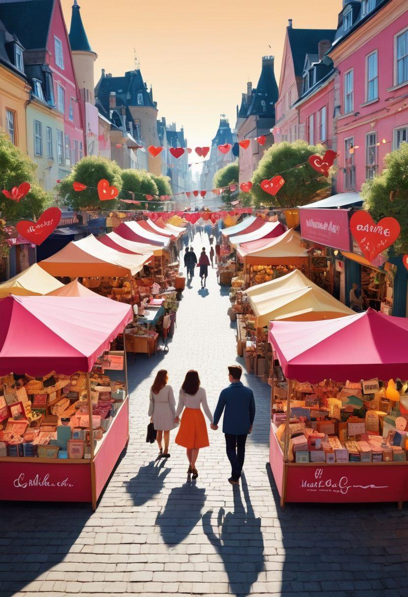 A vibrant, whimsical marketplace filled with quirky stalls showcasing unique couples and relationship advice in a modern setting. Showcase heart-shaped signs, playful banners, and animated characters exchanging stories and tips in a lively atmosphere. Include a blend of diverse people, emphasizing connection and love with humorous illustrations of 'selling' relationships. Bright colors and an inviting feel create a welcoming ambiance. cartoon style. vibrant colors. playful atmosphere.