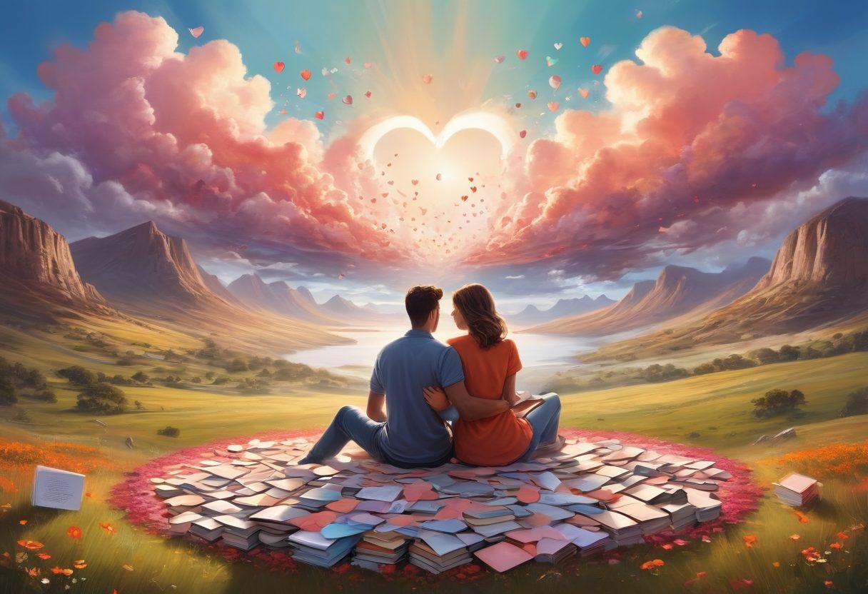 A vibrant scene illustrating a couple sitting back-to-back, reading books about romance and practical tips, surrounded by heart-shaped books scattered around them. In the background, a dreamy landscape with clouds shaped like hearts and thoughtful quotes floating in the air. The couple displays diverse characteristics reflecting modern partnerships. Ensure warm, inviting colors dominate the palette. super-realistic. bright colors. soft focus.